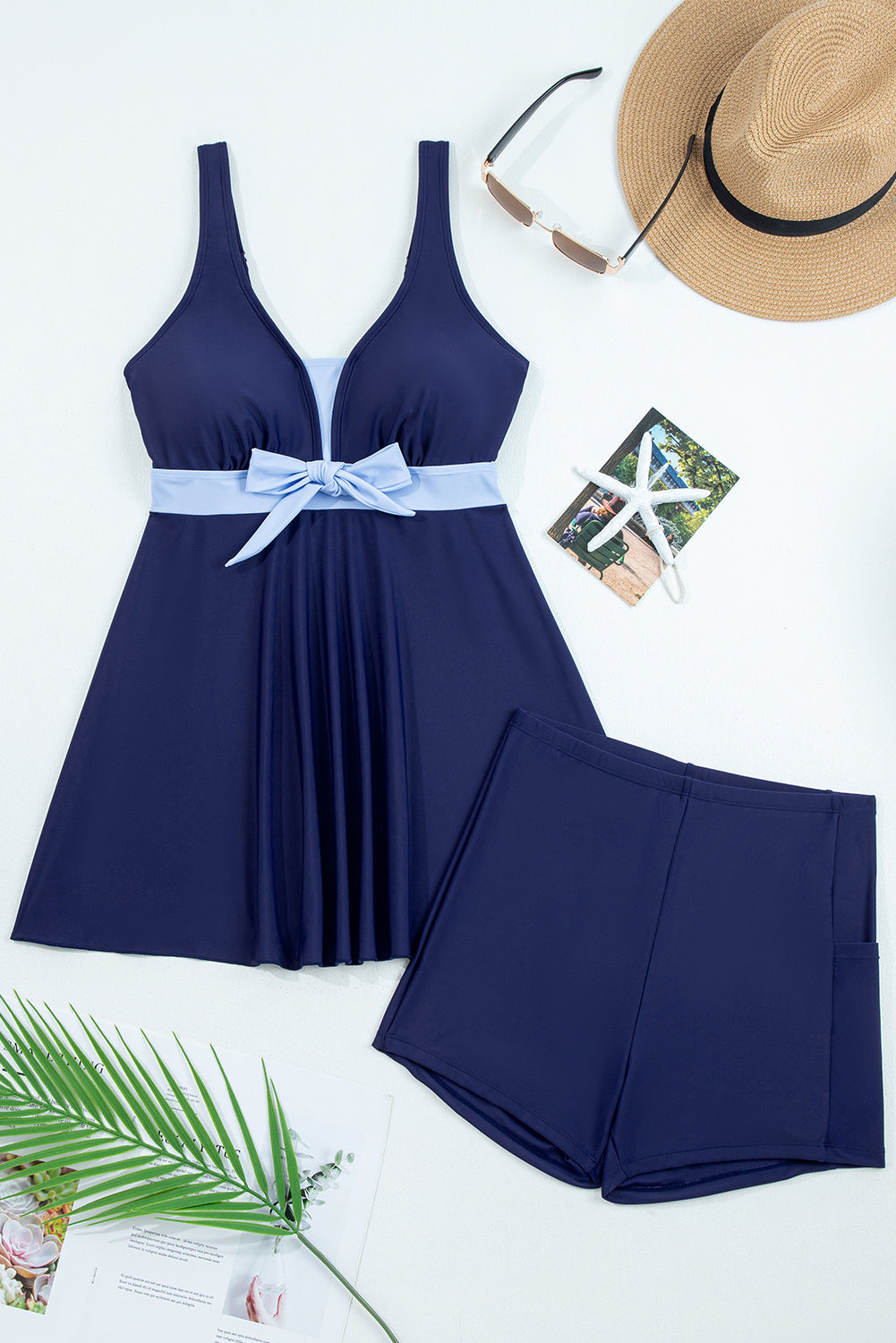 Navy Blue Color Block Patchwork Bow Knot Detail Sleeveless Swim Dress