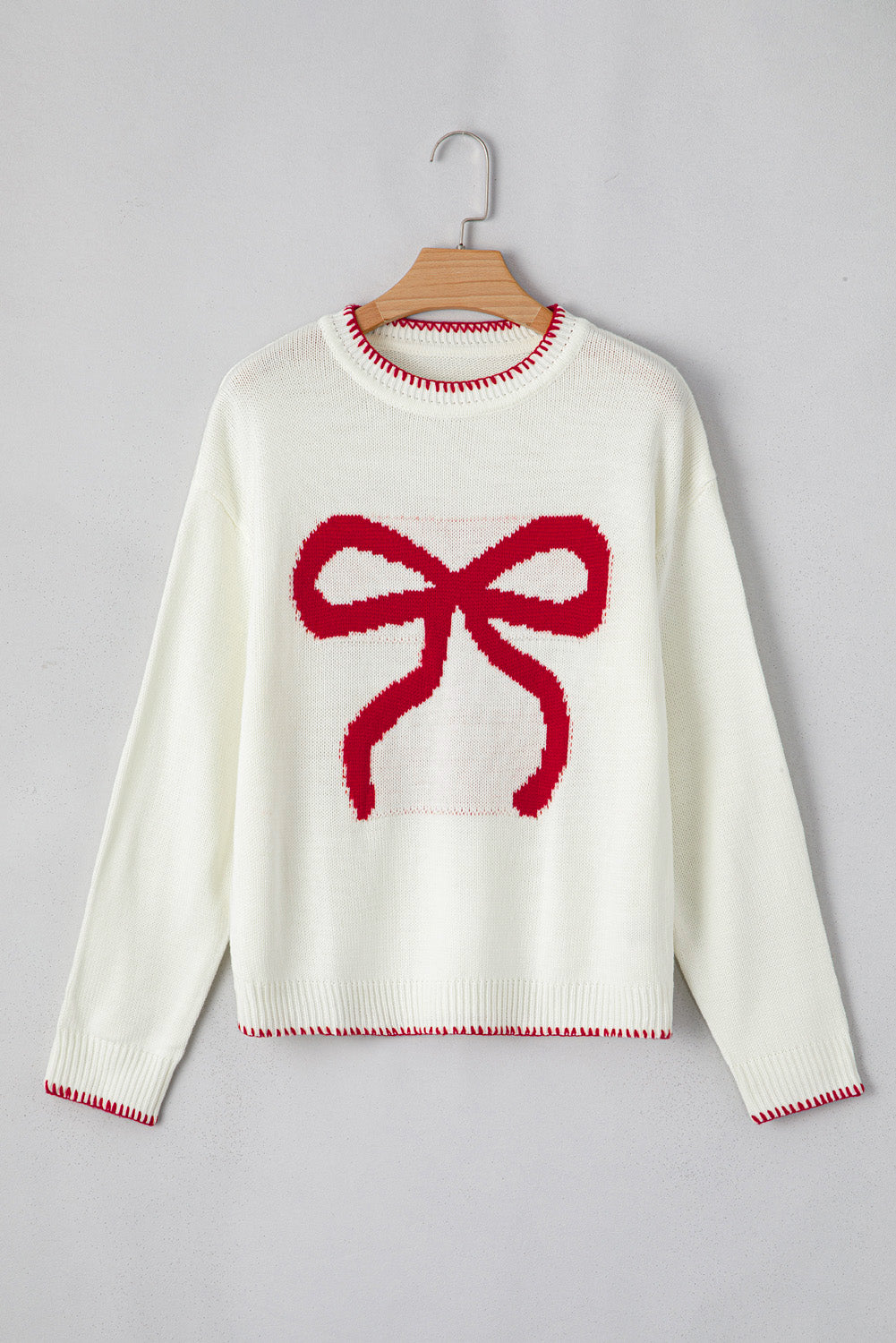 White Bow Pattern Contrast Trim Loose Graphic Sweater