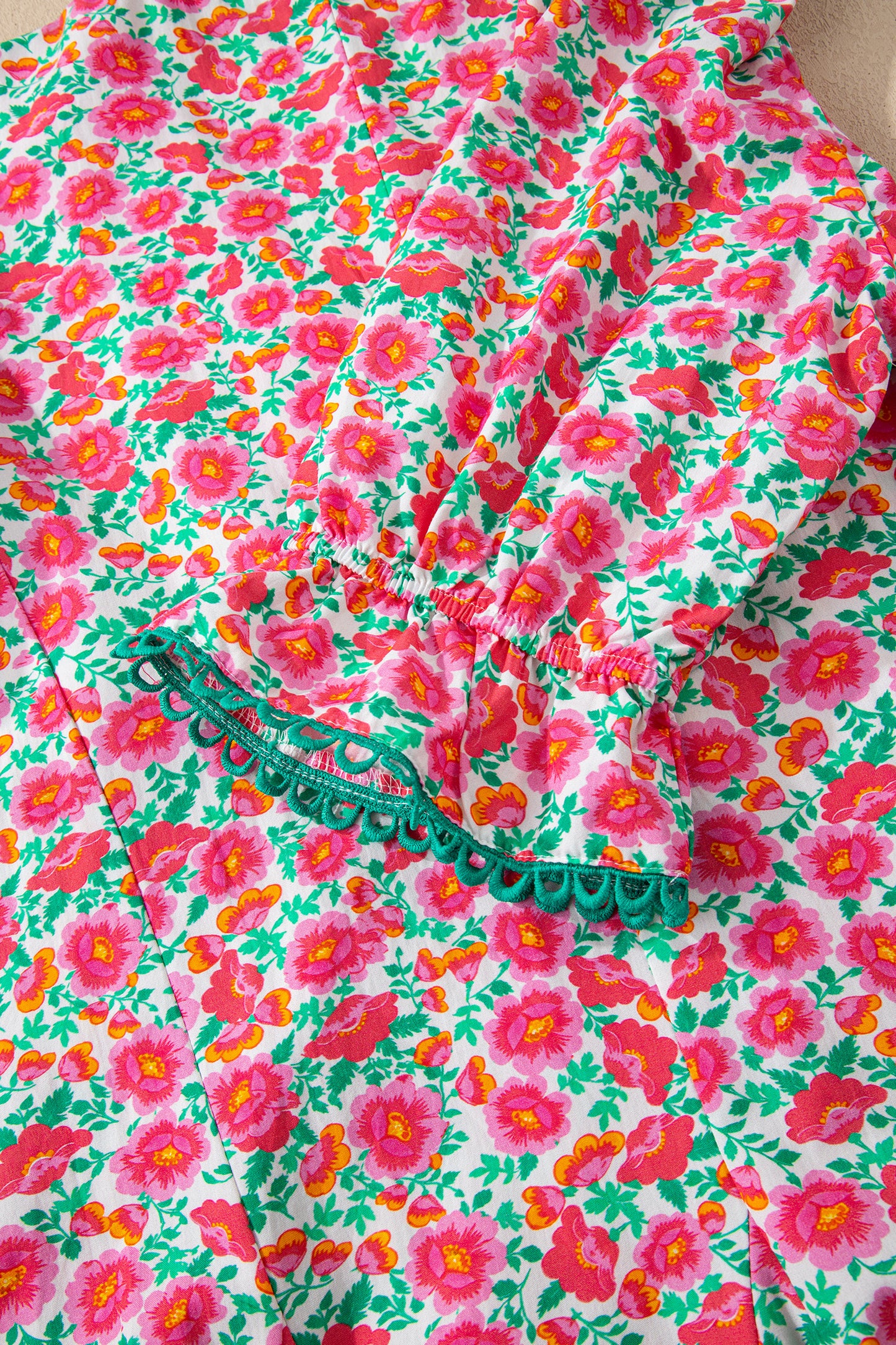 Pink Floral Print V Neck Patchwork Short Bubble Sleeve Mini Dress