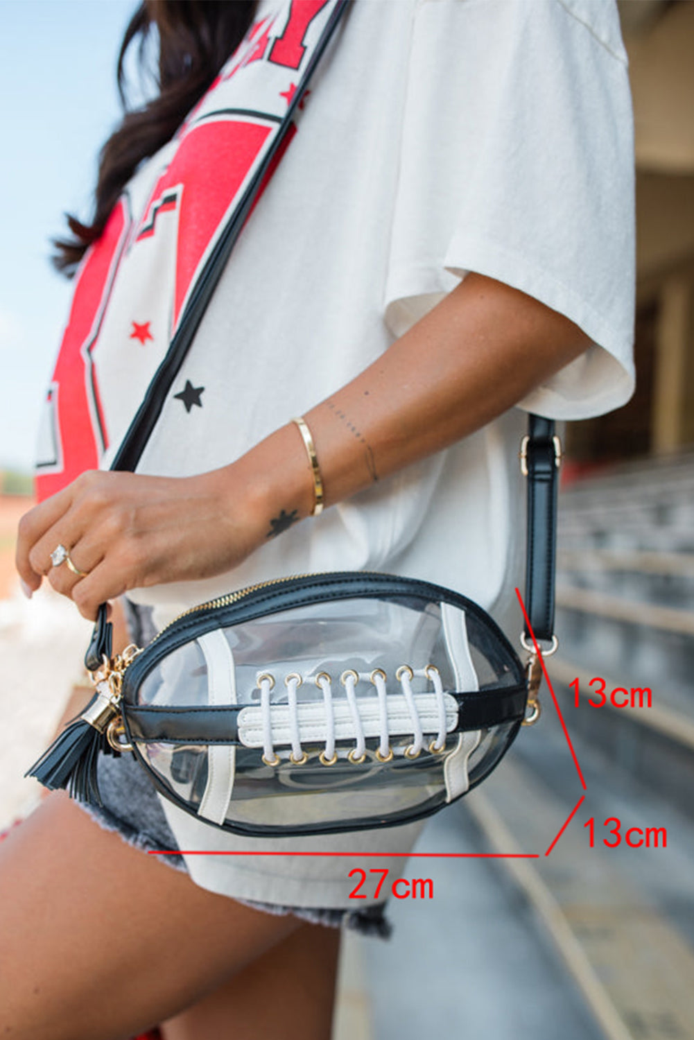 Black Football Contrast Trim Fringe PVC Clear Shoulder Bag