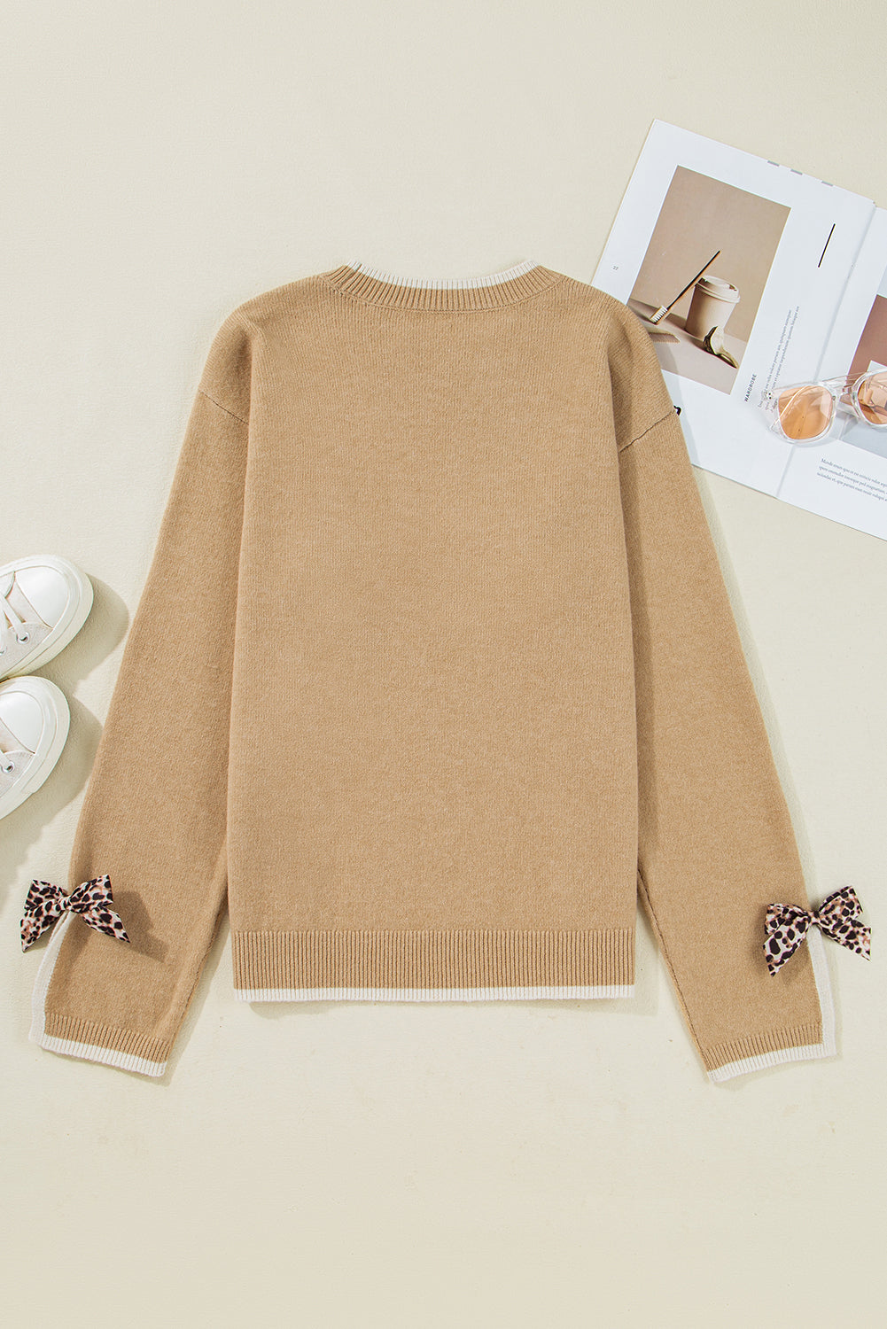 Tan Leopard Bow Decor Split Cuff Contrast Trim Sweater