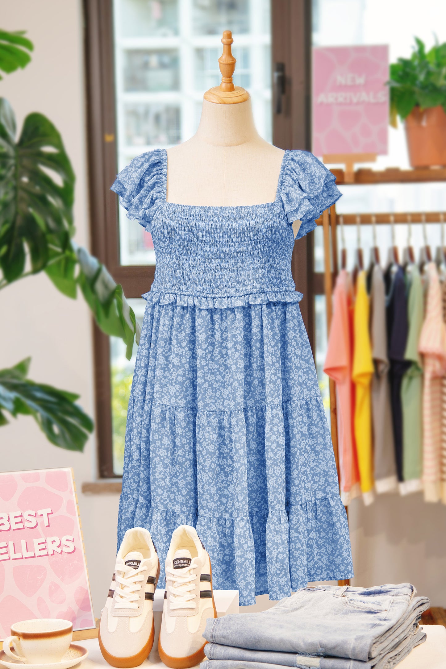 Sky Blue Floral Print Square Neck Flutter Sleeve Smocked Tiered Mini Dress