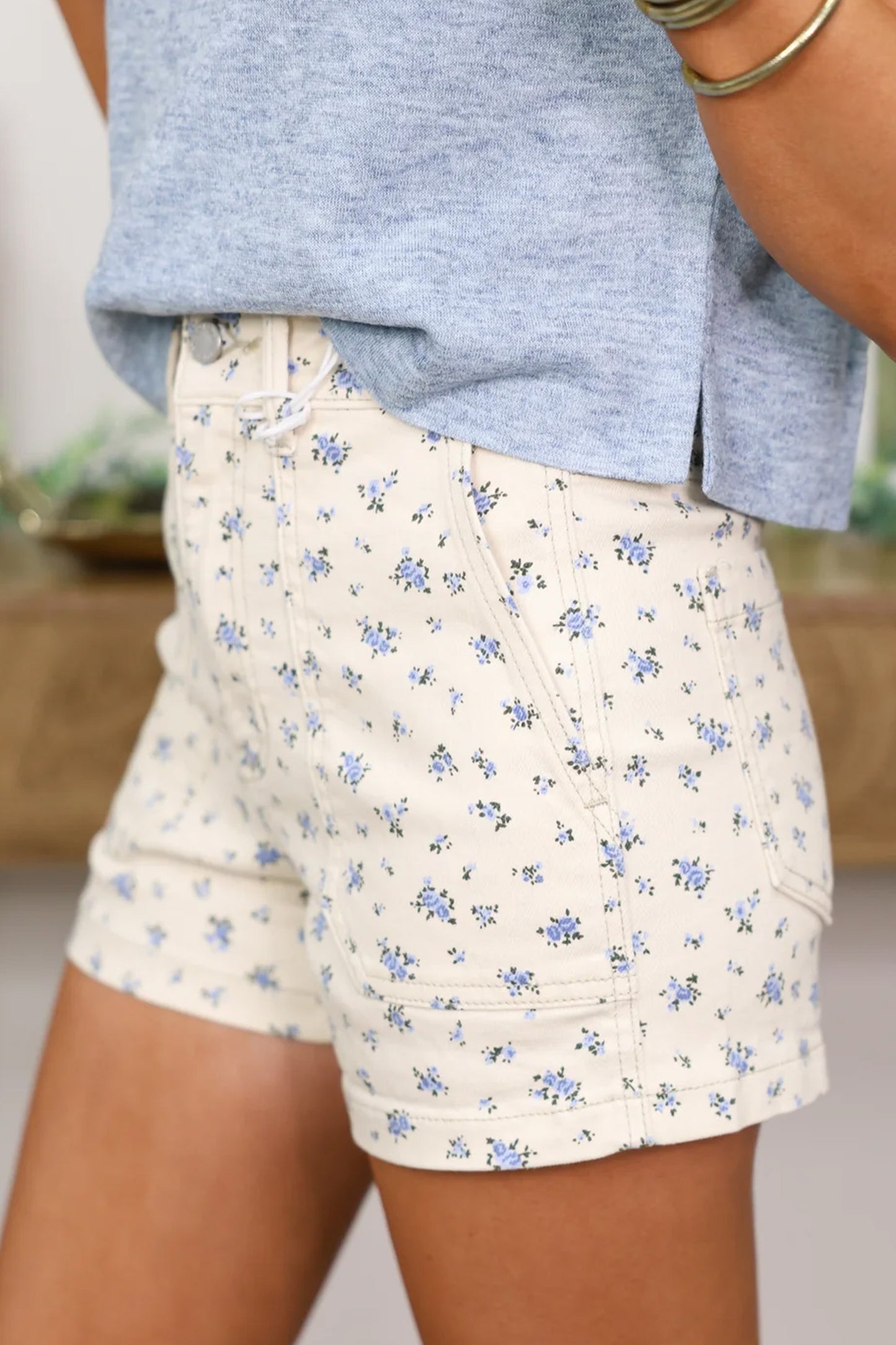 White Floral Casual Cute Denim Shorts