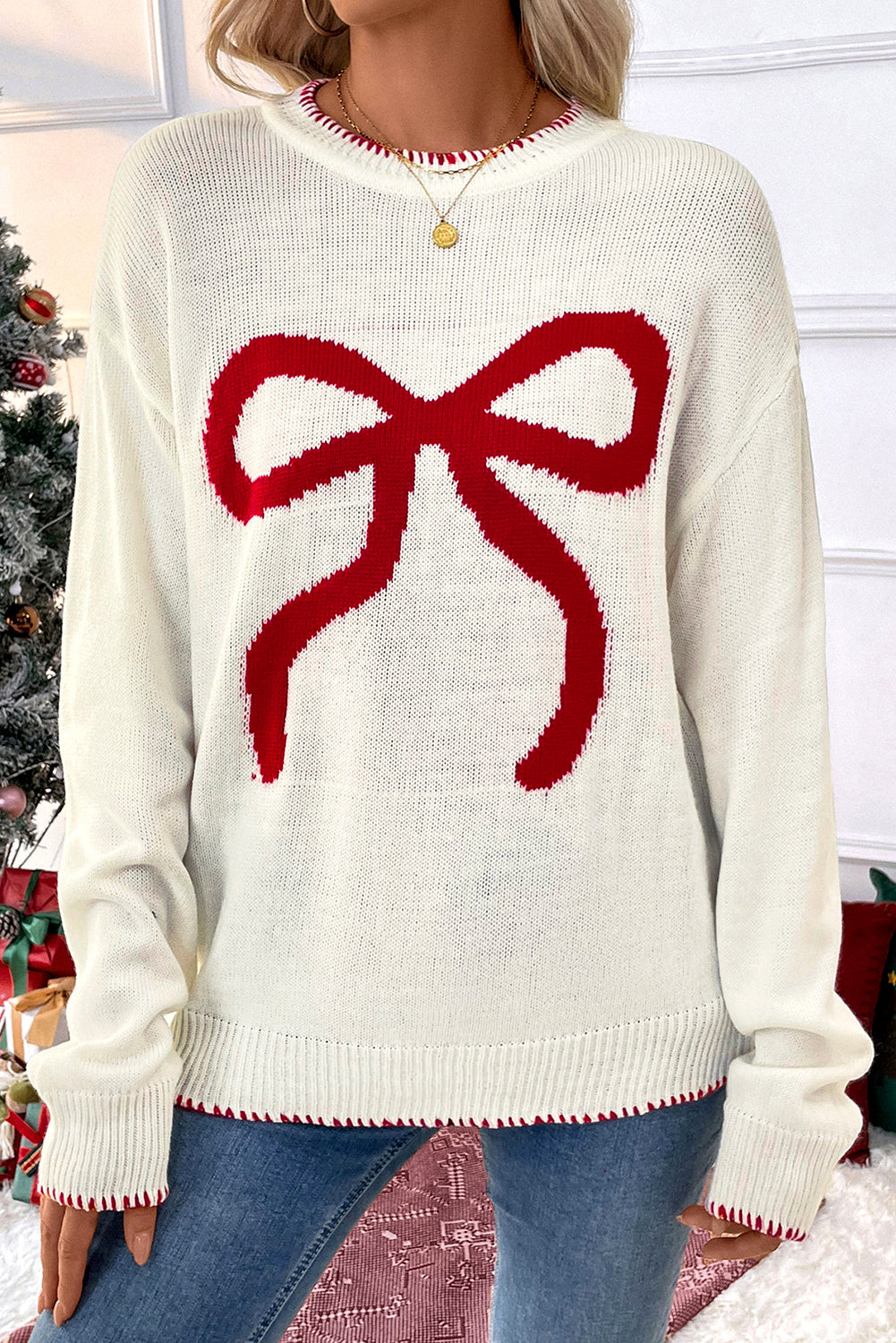 White Bow Pattern Contrast Trim Loose Graphic Sweater
