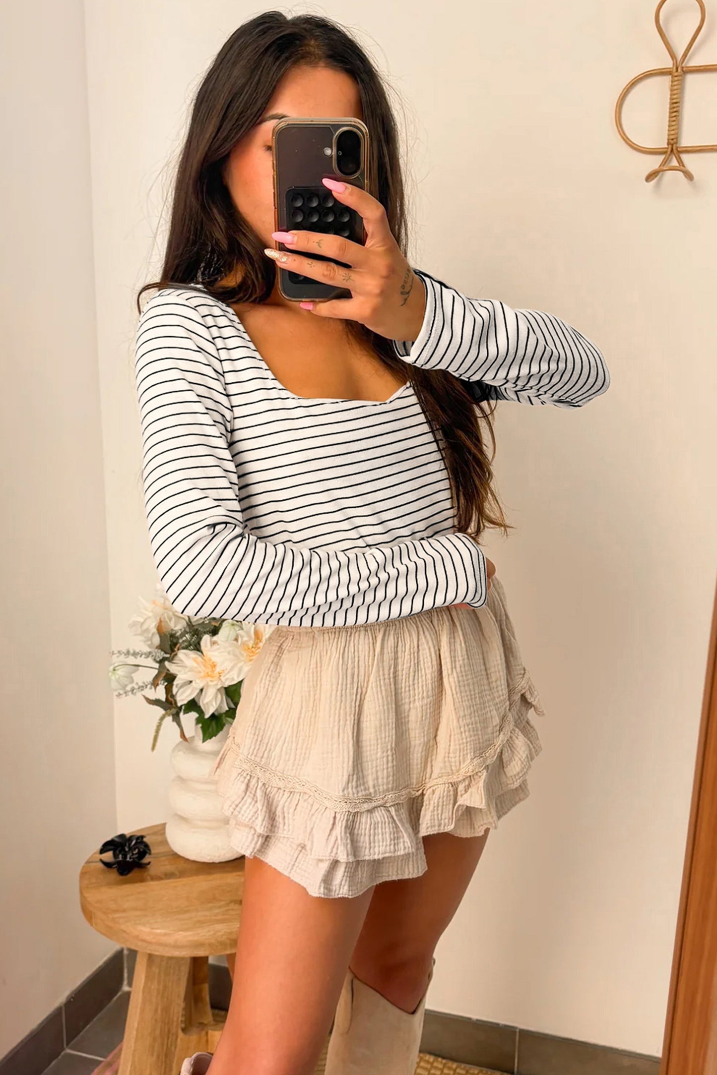 White Stripe Square Neck Long Sleeve Top