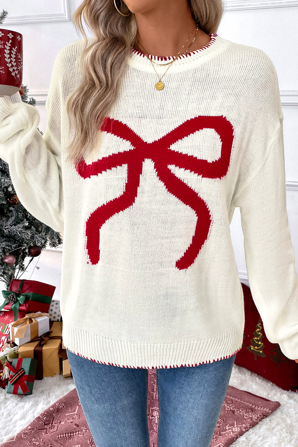 White Bow Pattern Contrast Trim Loose Graphic Sweater