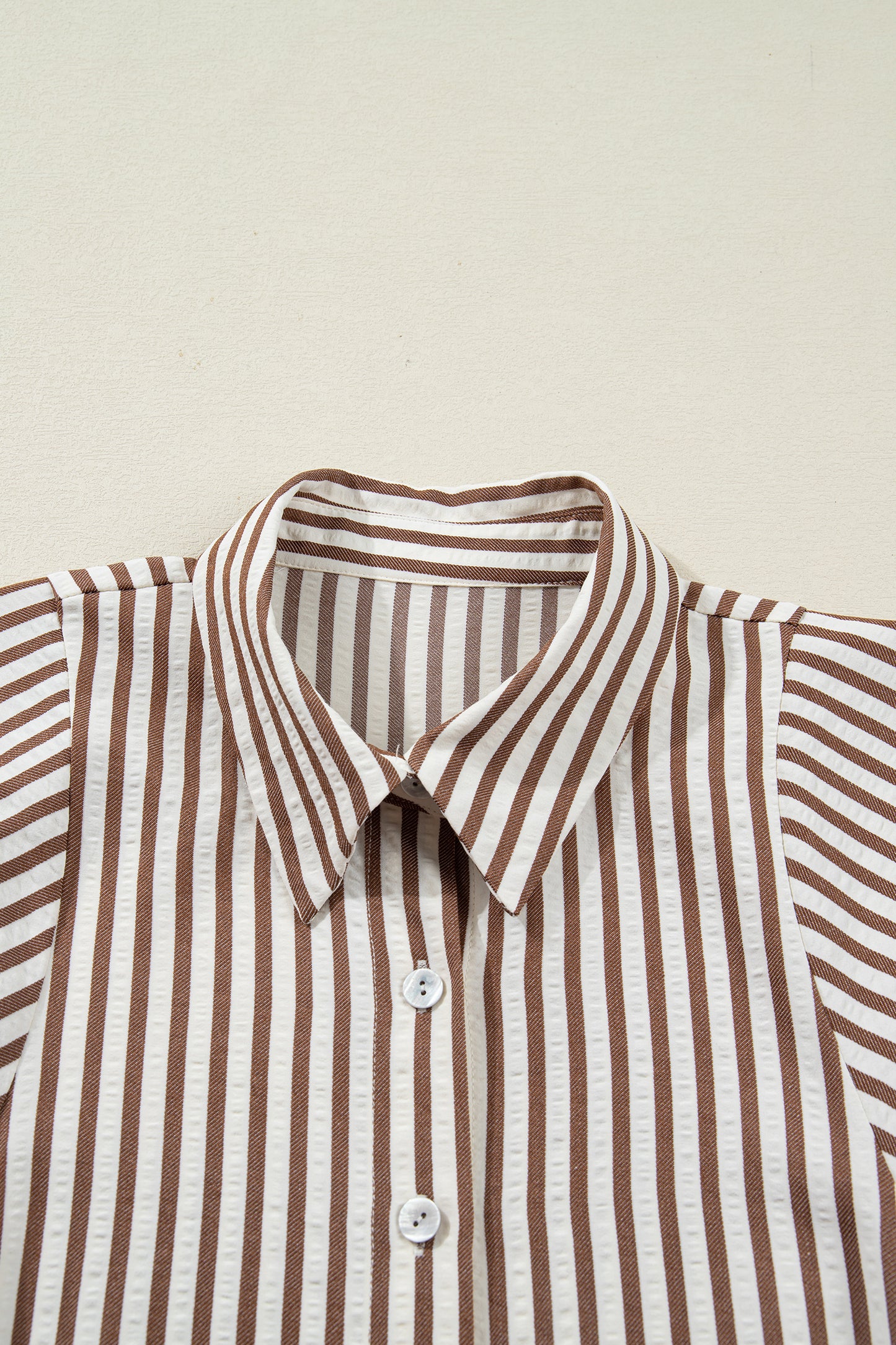 Brown Stripe Knot Waist Puff Sleeve Button Down Mini Shirt Dress