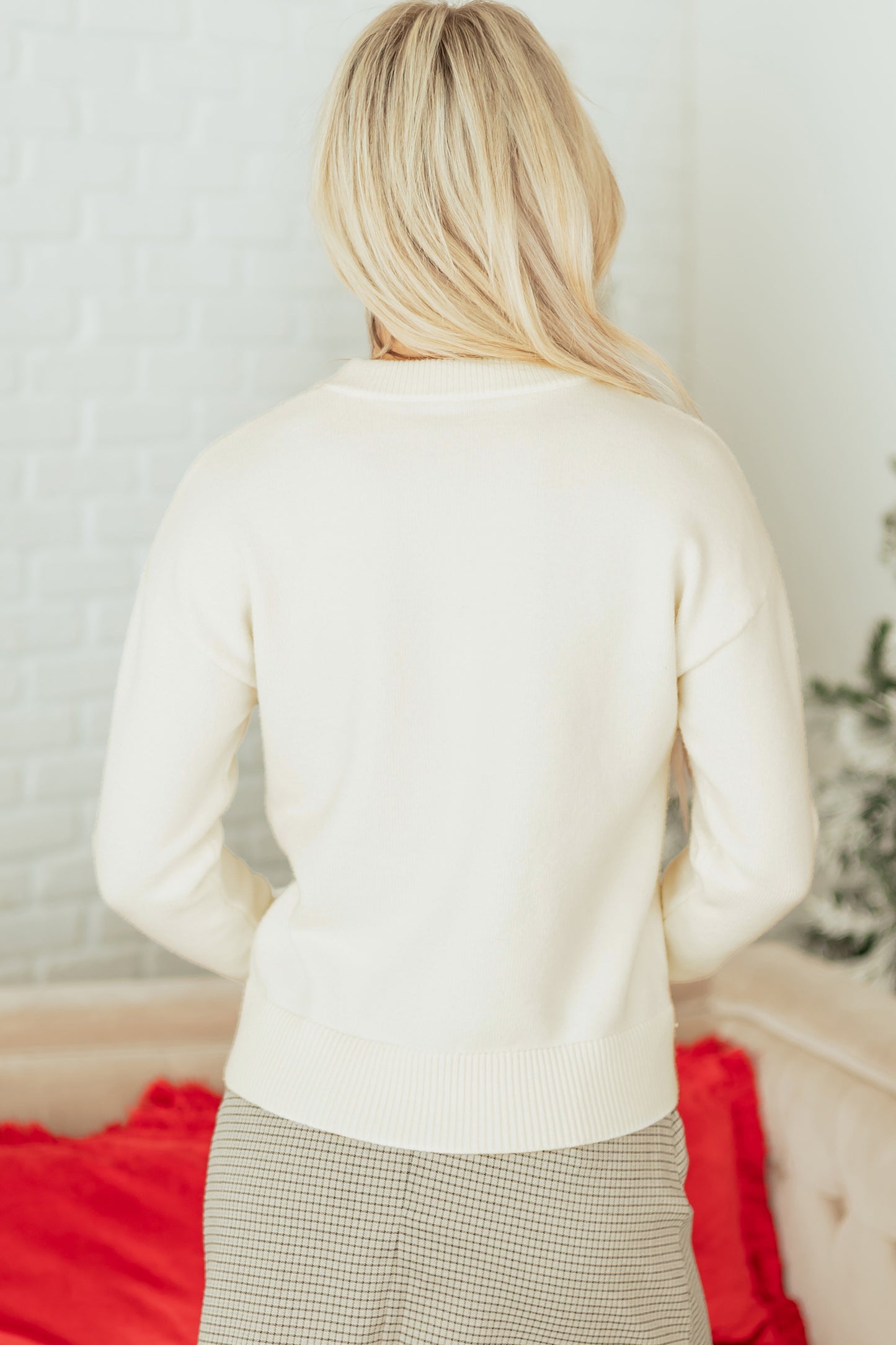 White Sequined Bow Graphic Holiday Sweater