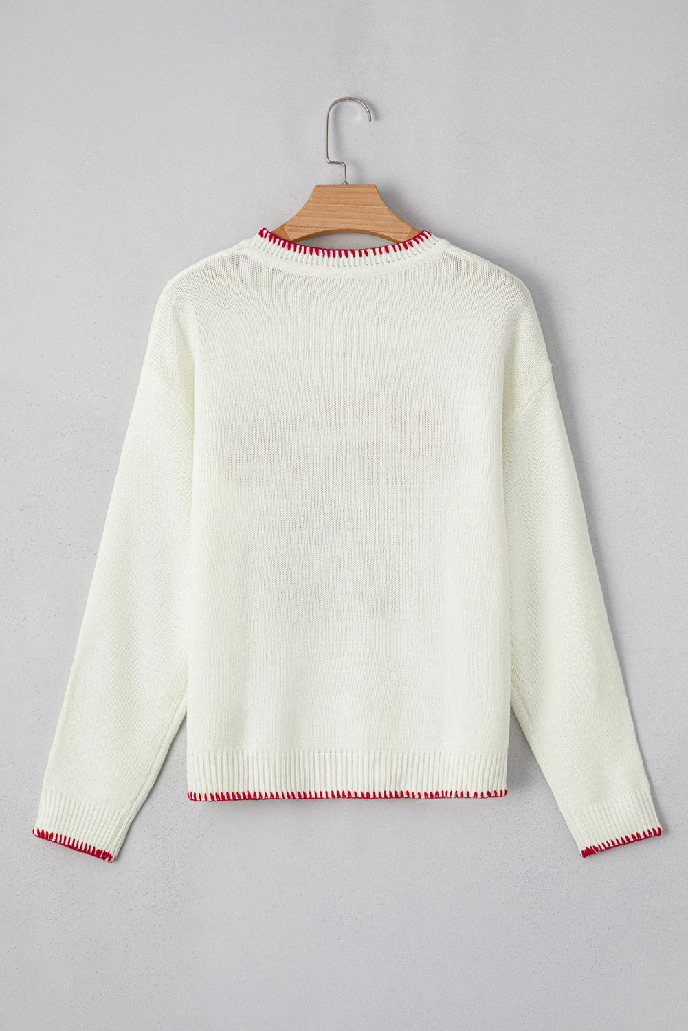White Bow Pattern Contrast Trim Loose Graphic Sweater