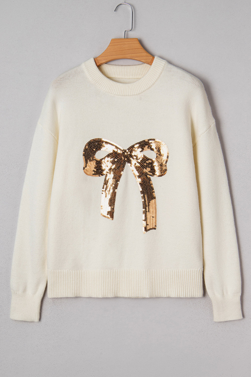 White Sequined Bow Graphic Holiday Sweater
