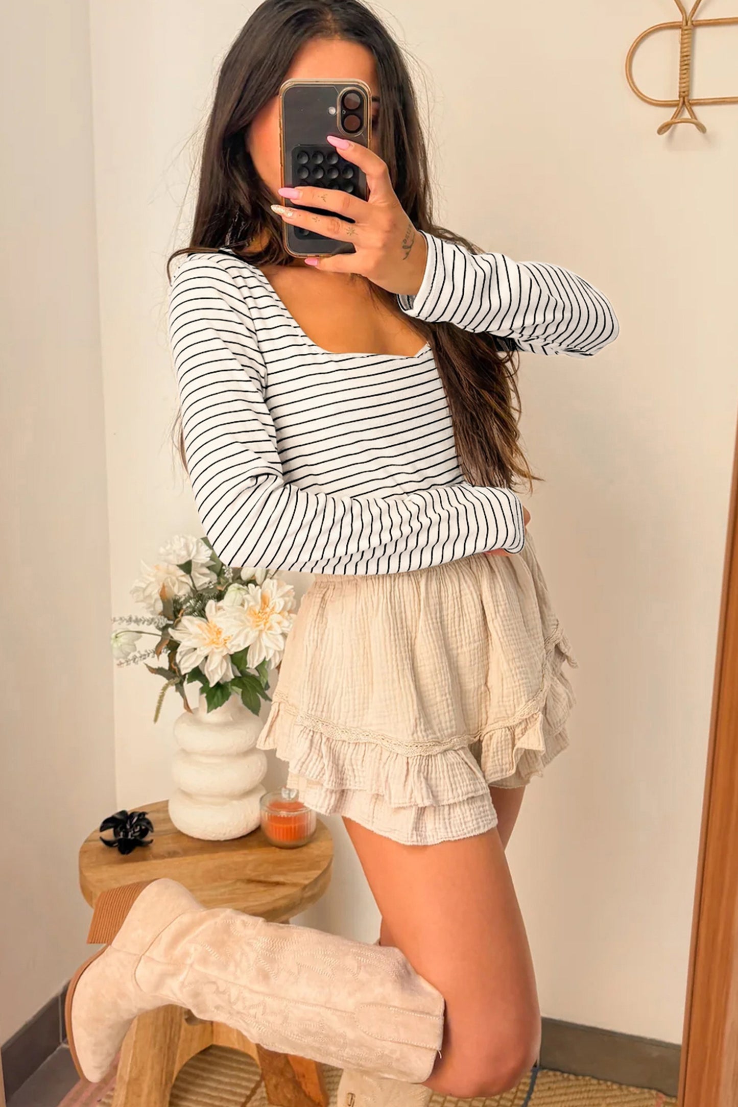 White Stripe Square Neck Long Sleeve Top