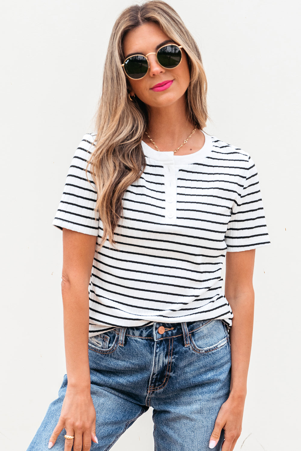 White Stripe Textured Short Sleeve Buttoned Henley Top